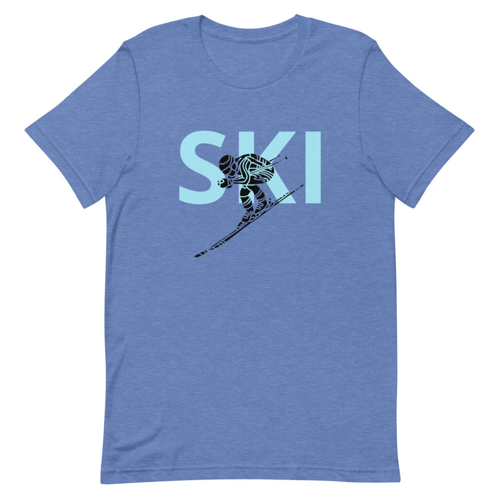Short-Sleeve Unisex T-Shirt Blue Ski and Skier