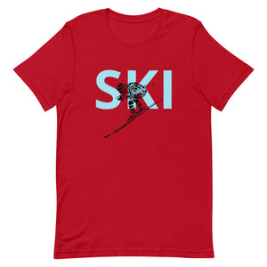 Short-Sleeve Unisex T-Shirt Blue Ski and Skier