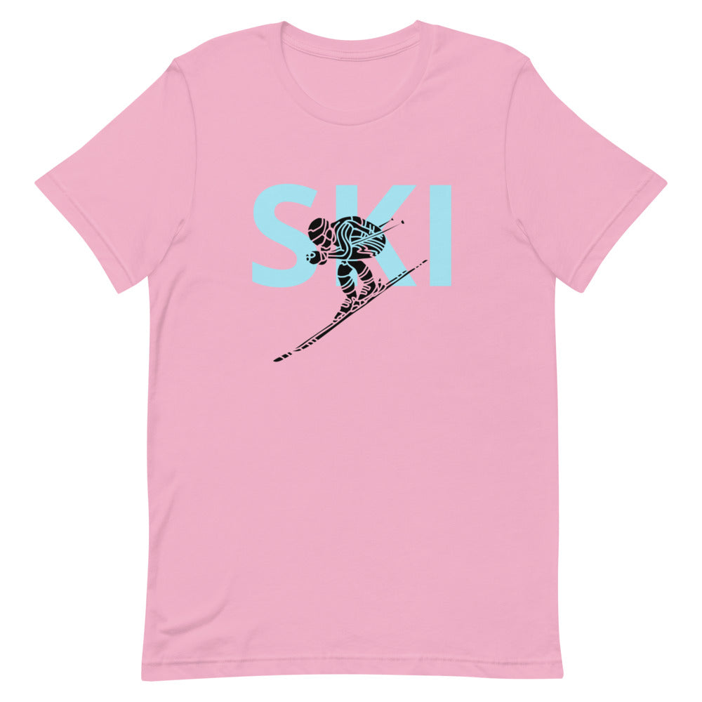 Short-Sleeve Unisex T-Shirt Blue Ski and Skier