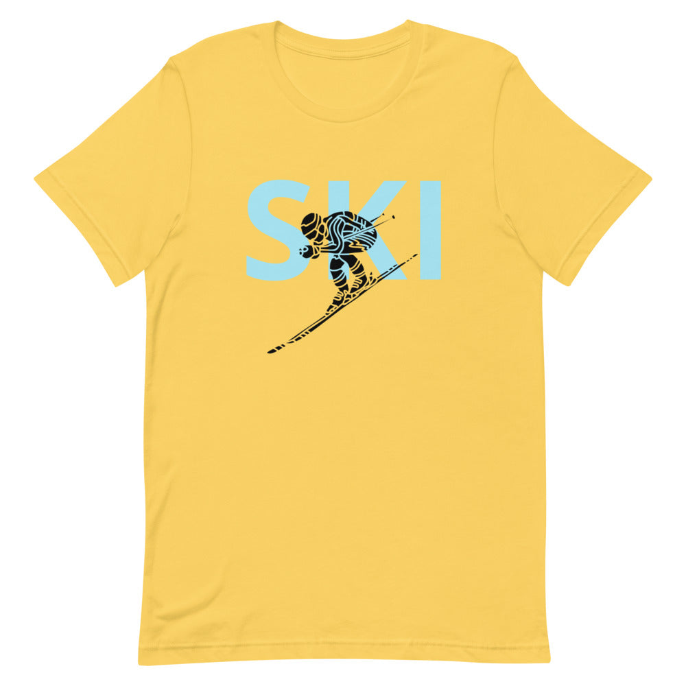 Short-Sleeve Unisex T-Shirt Blue Ski and Skier