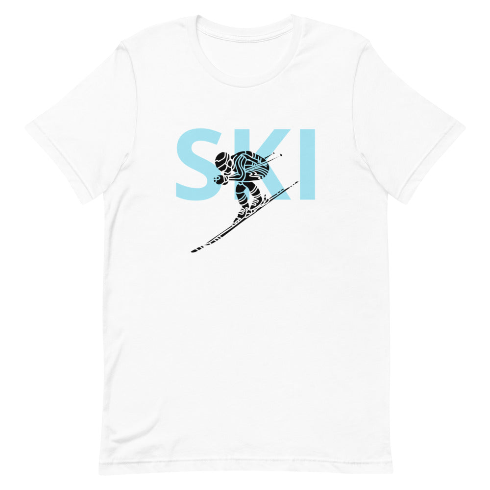 Short-Sleeve Unisex T-Shirt Blue Ski and Skier