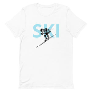 Short-Sleeve Unisex T-Shirt Blue Ski and Skier