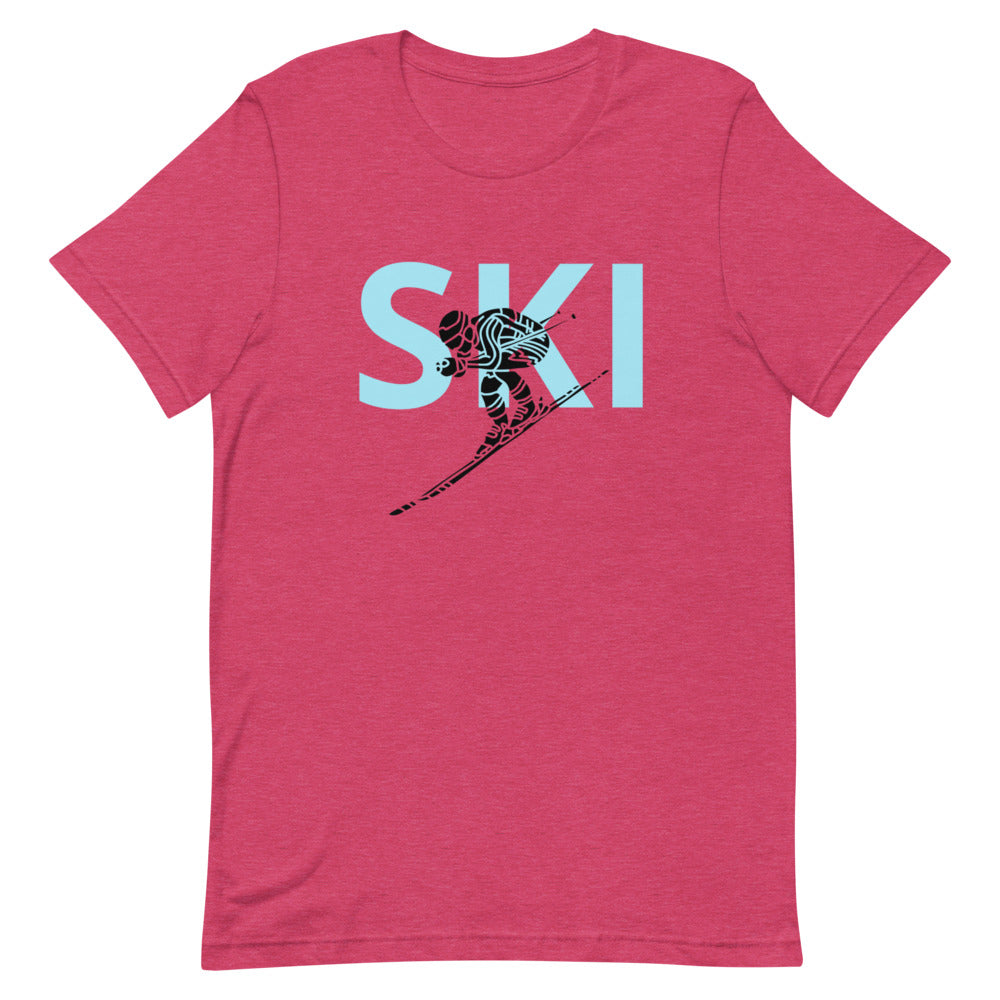 Short-Sleeve Unisex T-Shirt Blue Ski and Skier