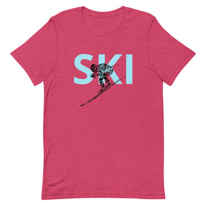 Short-Sleeve Unisex T-Shirt Blue Ski and Skier